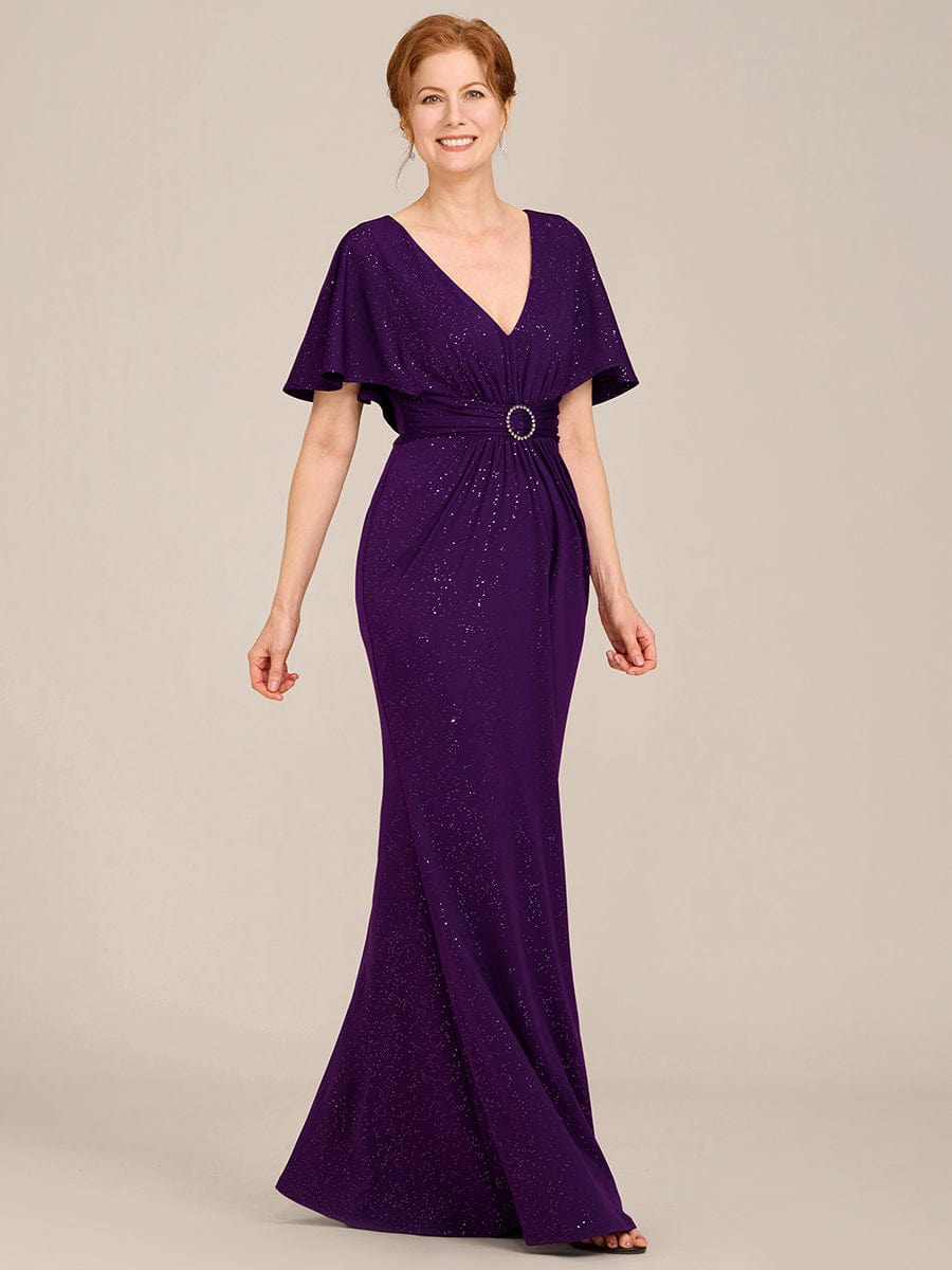 Glittery V-Neck Pleated Bat-Wing Sleeve Bodycon Waist-Cinching Evening Dress #color_Dark Purple