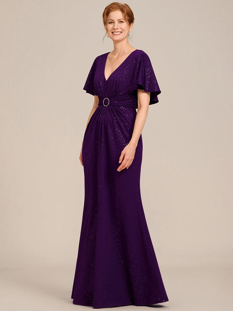 Glittery V-Neck Pleated Bat-Wing Sleeve Bodycon Waist-Cinching Evening Dress #color_Dark Purple