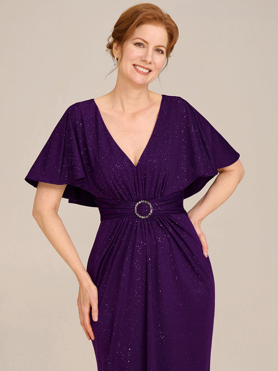 Glittery V-Neck Pleated Bat-Wing Sleeve Bodycon Waist-Cinching Evening Dress #color_Dark Purple