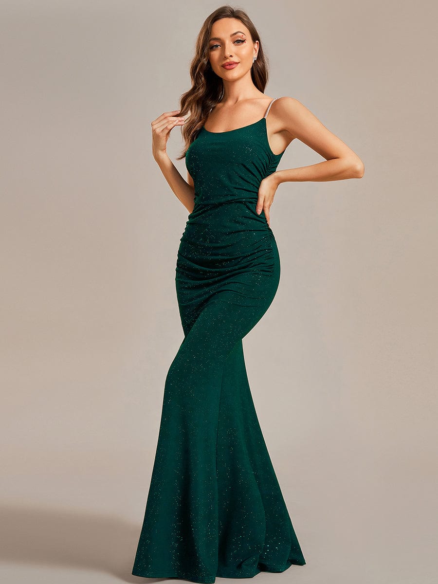 Glitter Spaghetti Strap U-Veck Open Back Bodycon Stretchy Evening Dress #color_Dark Green