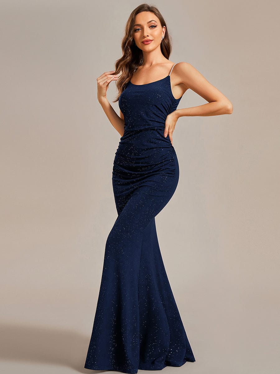 Glitter Spaghetti Strap U-Veck Open Back Bodycon Stretchy Evening Dress #color_Navy Blue