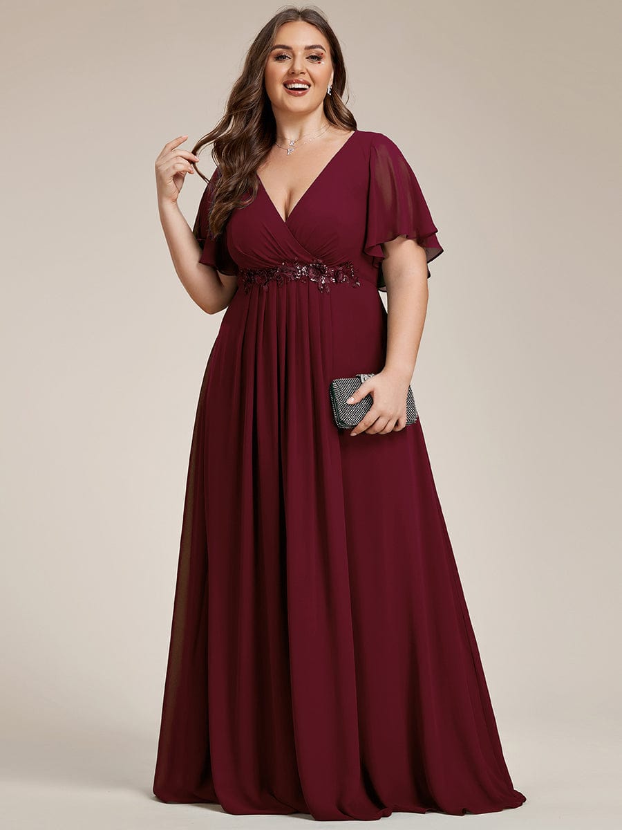 Custom Size Ruffles Sleeve A-Line Chiffon Waist Applique Maxi Evening Dress #color_Burgundy