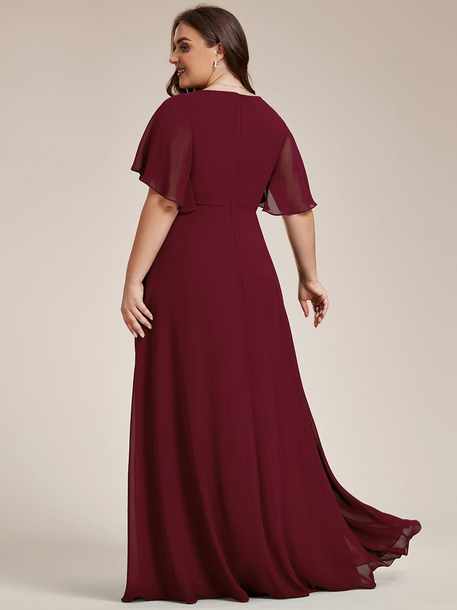 Custom Size Ruffles Sleeve A-Line Chiffon Waist Applique Maxi Evening Dress #color_Burgundy