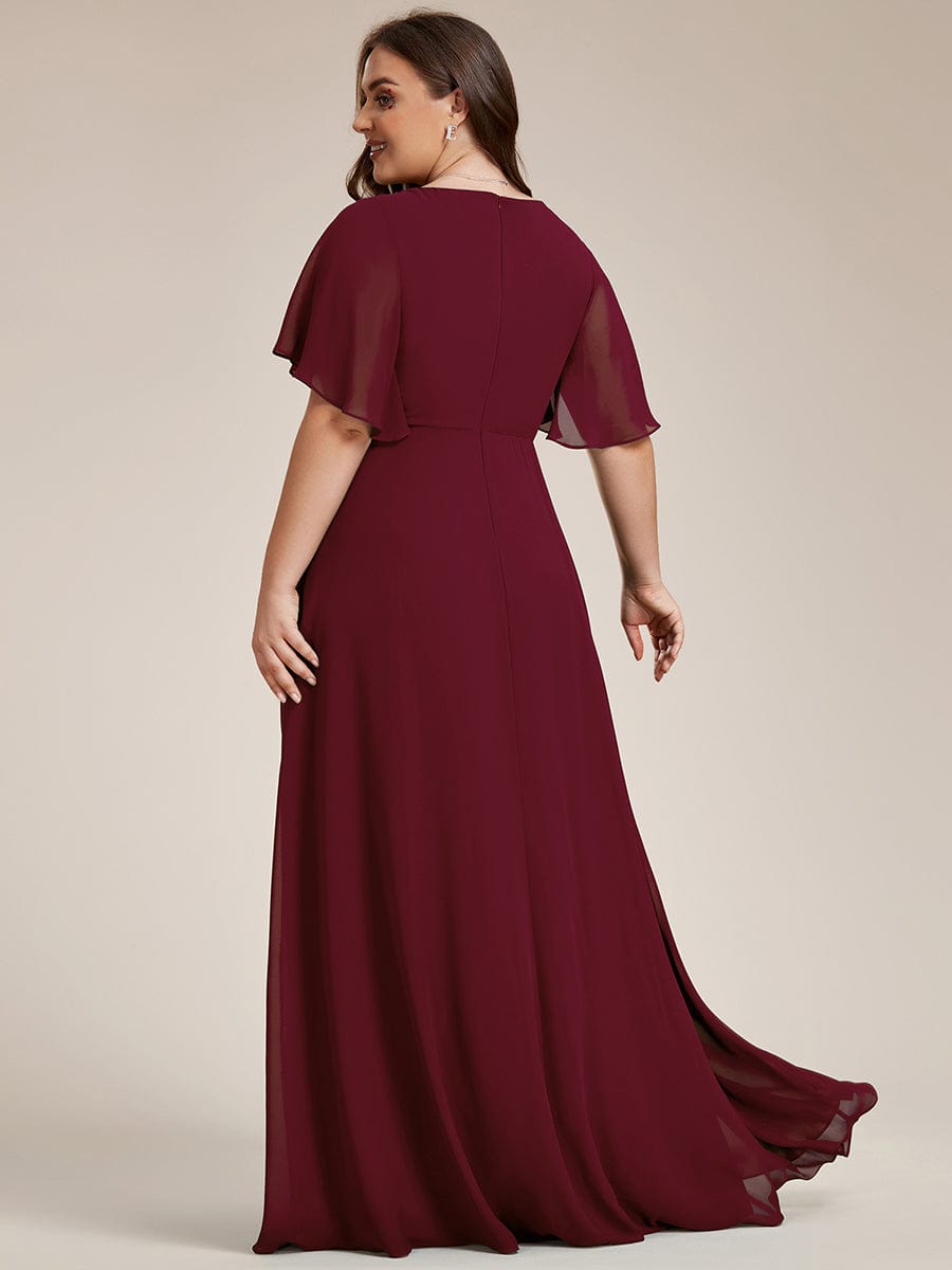 Plus Size Floral Applique Short Sleeve A-Line Chiffon Evening Dress #color_Burgundy