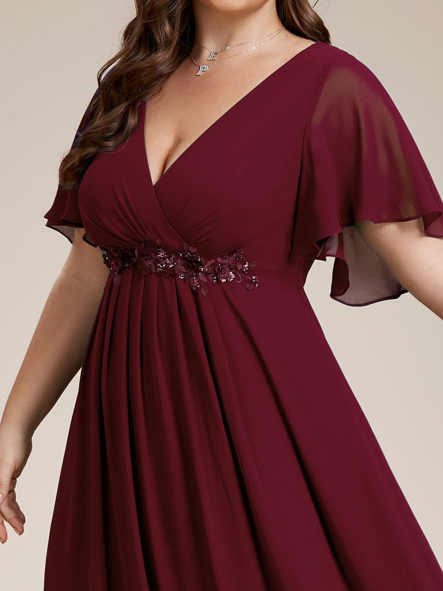 Custom Size Ruffles Sleeve A-Line Chiffon Waist Applique Maxi Evening Dress #color_Burgundy