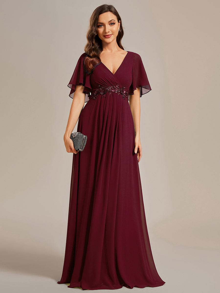 Custom Size Ruffles Sleeve A-Line Chiffon Waist Applique Maxi Evening Dress #color_Burgundy