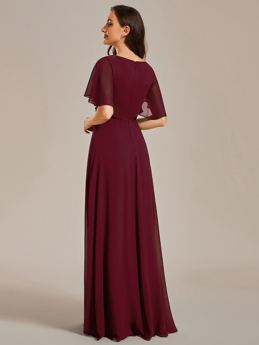 Custom Size Ruffles Sleeve A-Line Chiffon Waist Applique Maxi Evening Dress #color_Burgundy