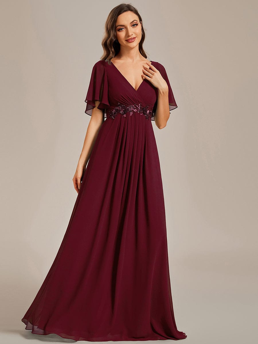 Custom Size Ruffles Sleeve A-Line Chiffon Waist Applique Maxi Evening Dress #color_Burgundy