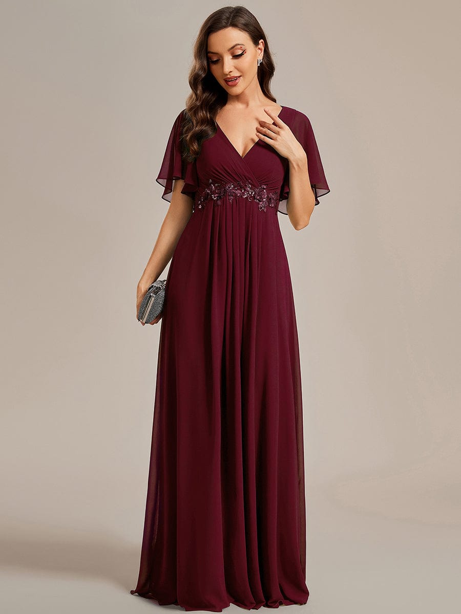 Custom Size Ruffles Sleeve A-Line Chiffon Waist Applique Maxi Evening Dress #color_Burgundy