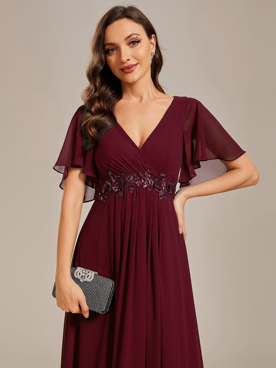 Custom Size Ruffles Sleeve A-Line Chiffon Waist Applique Maxi Evening Dress #color_Burgundy