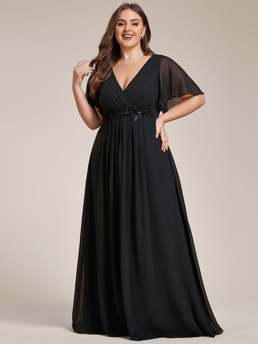 Custom Size Ruffles Sleeve A-Line Chiffon Waist Applique Maxi Evening Dress #color_Black