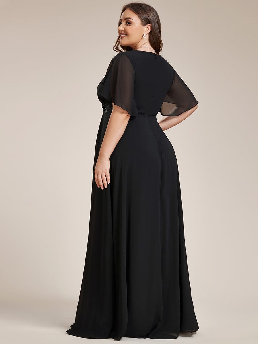 Custom Size Ruffles Sleeve A-Line Chiffon Waist Applique Maxi Evening Dress #color_Black