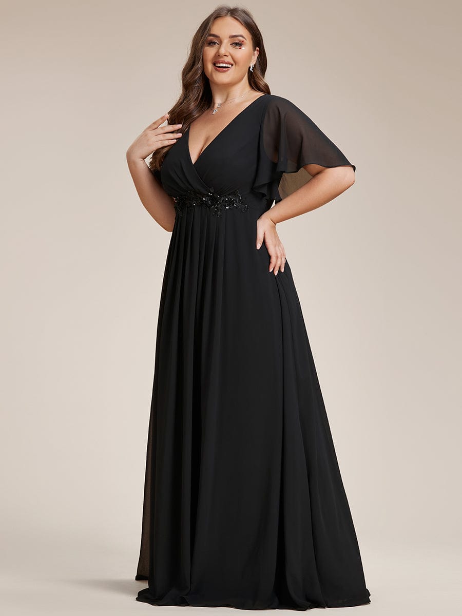 Plus Size Floral Applique Short Sleeve A-Line Chiffon Evening Dress #color_Black