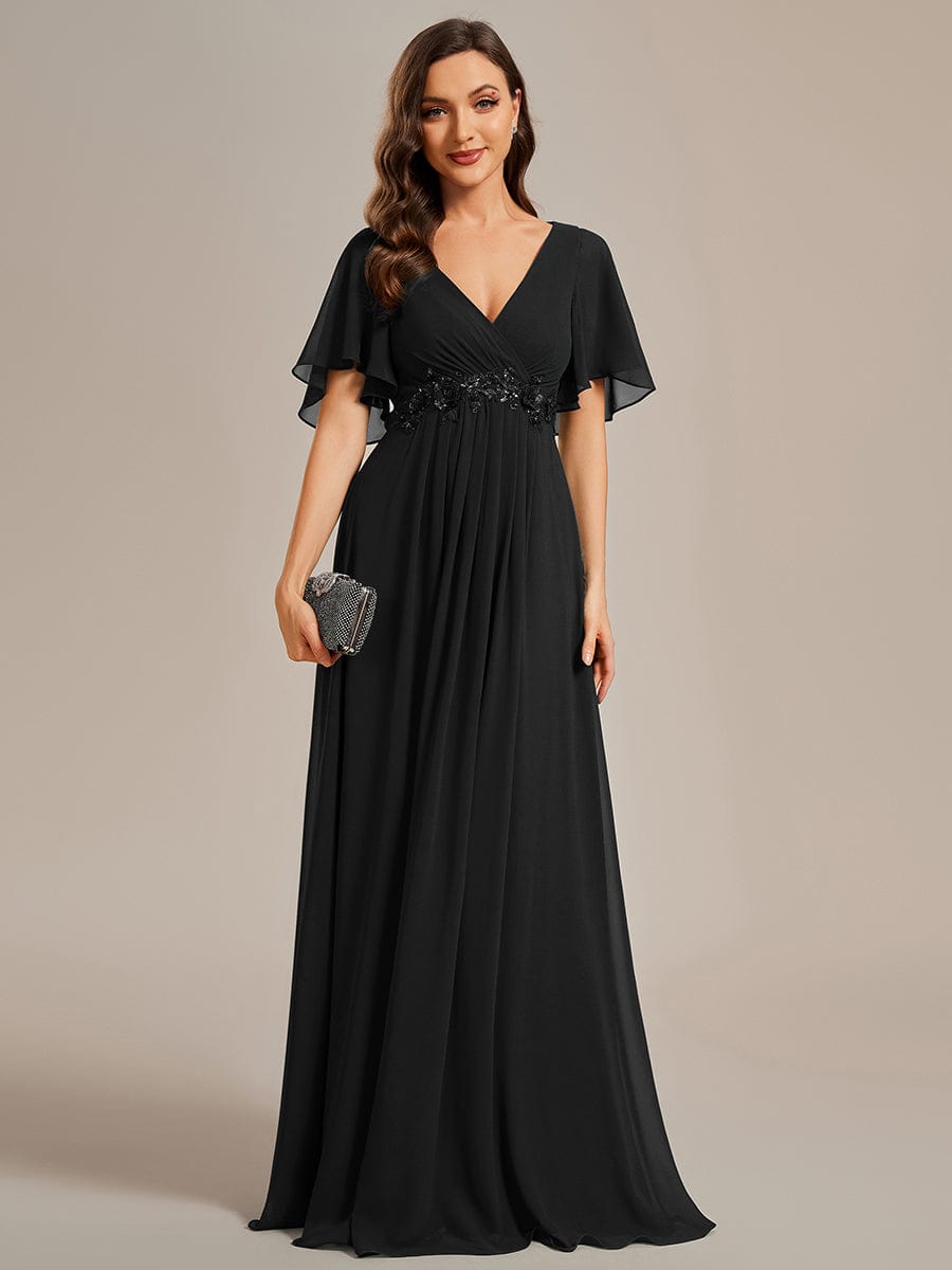 Custom Size Ruffles Sleeve A-Line Chiffon Waist Applique Maxi Evening Dress #color_Black