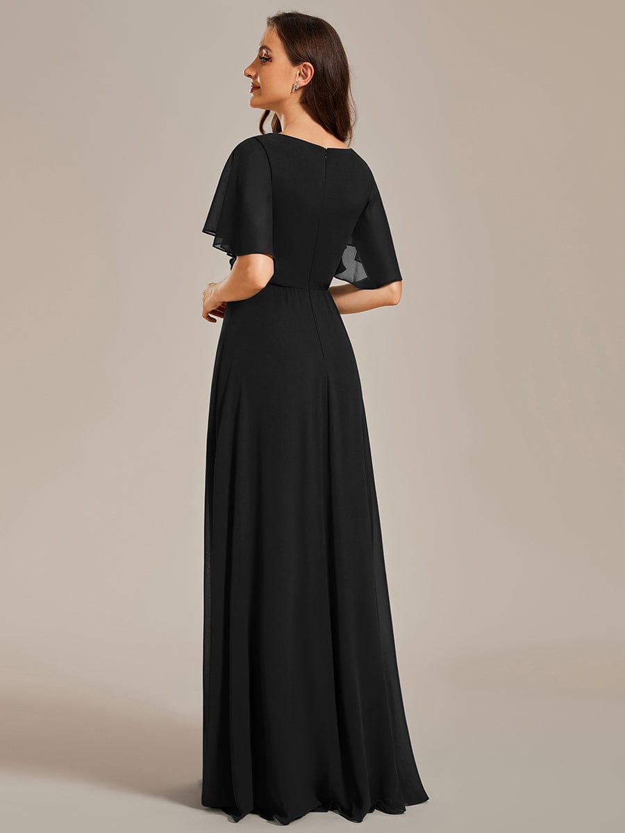 Custom Size Ruffles Sleeve A-Line Chiffon Waist Applique Maxi Evening Dress #color_Black