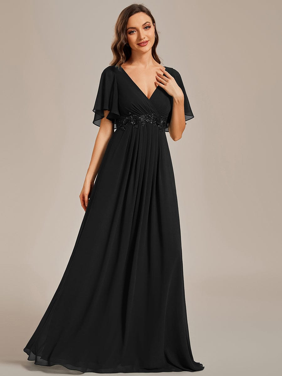 Custom Size Ruffles Sleeve A-Line Chiffon Waist Applique Maxi Evening Dress #color_Black