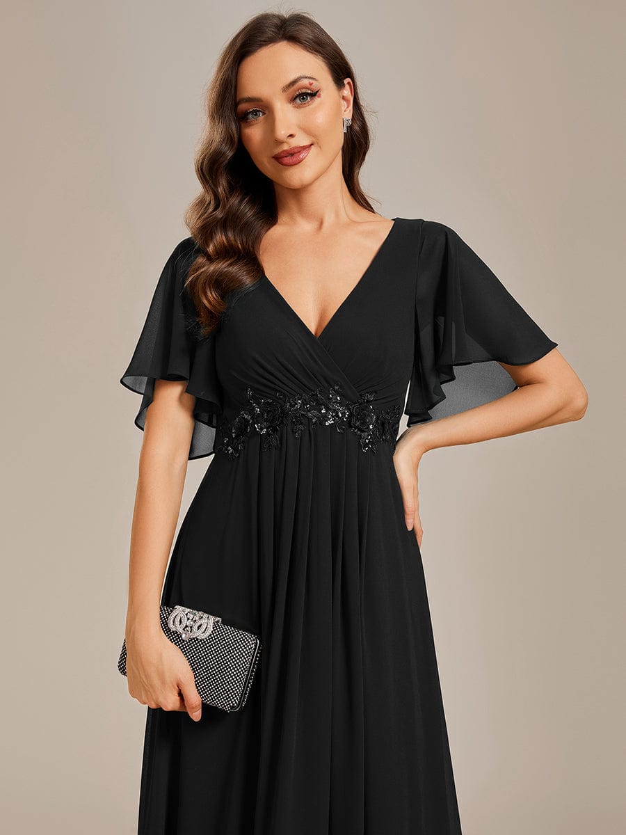 Ruffles Sleeve A-Line Chiffon Waist Applique Maxi Evening Dress #color_Black