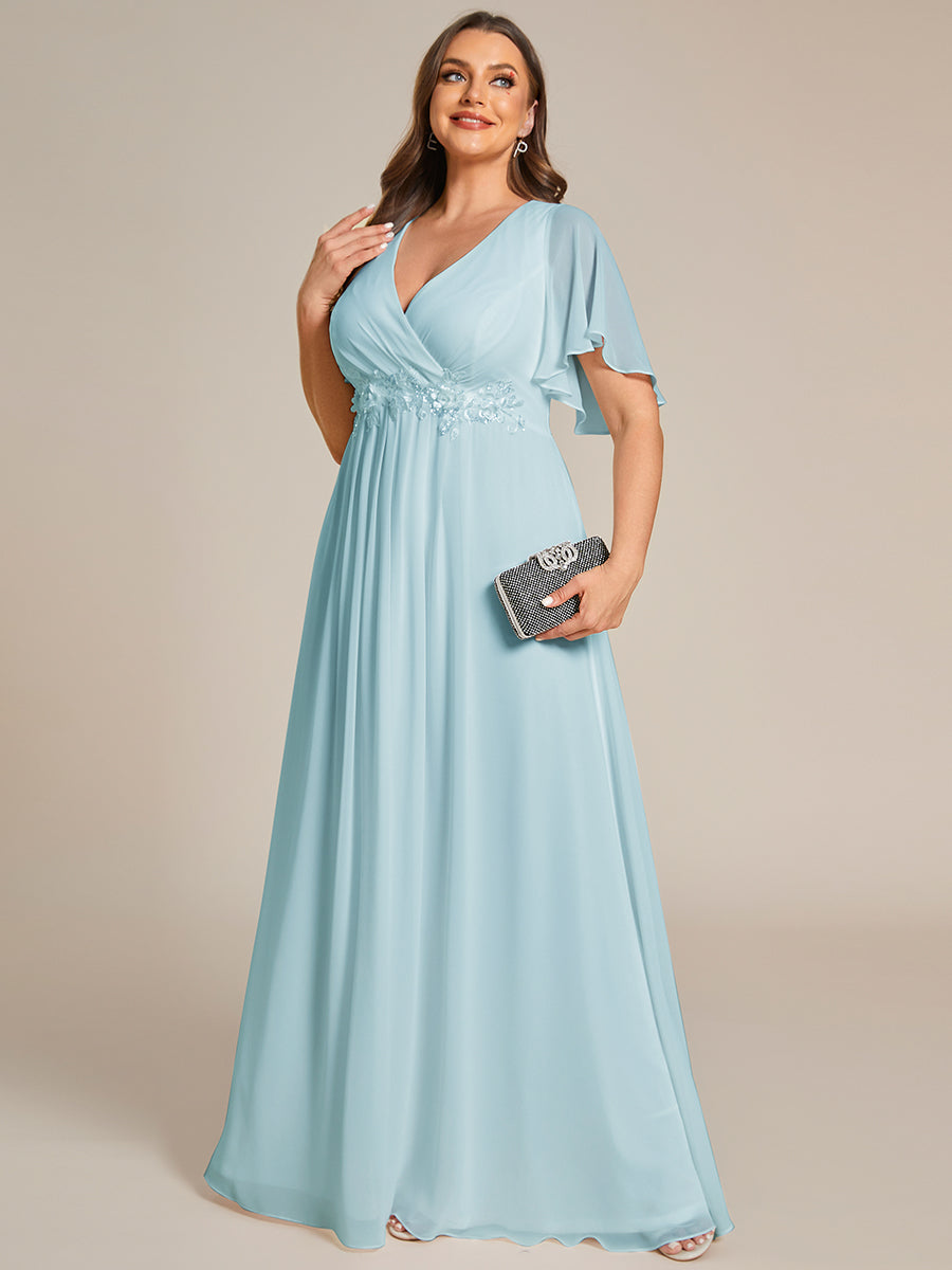 Plus Size Floral Applique Short Sleeve A-Line Chiffon Evening Dress #color_Sky Blue