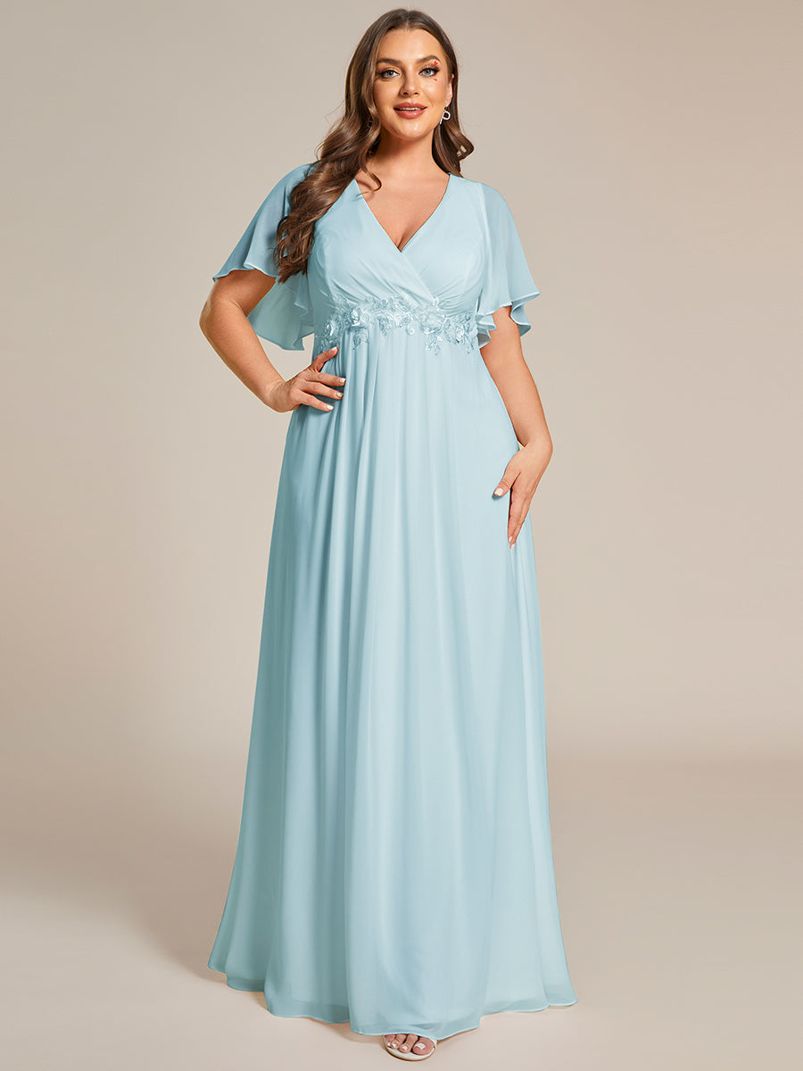 Plus Size Floral Applique Short Sleeve A-Line Chiffon Evening Dress #color_Sky Blue