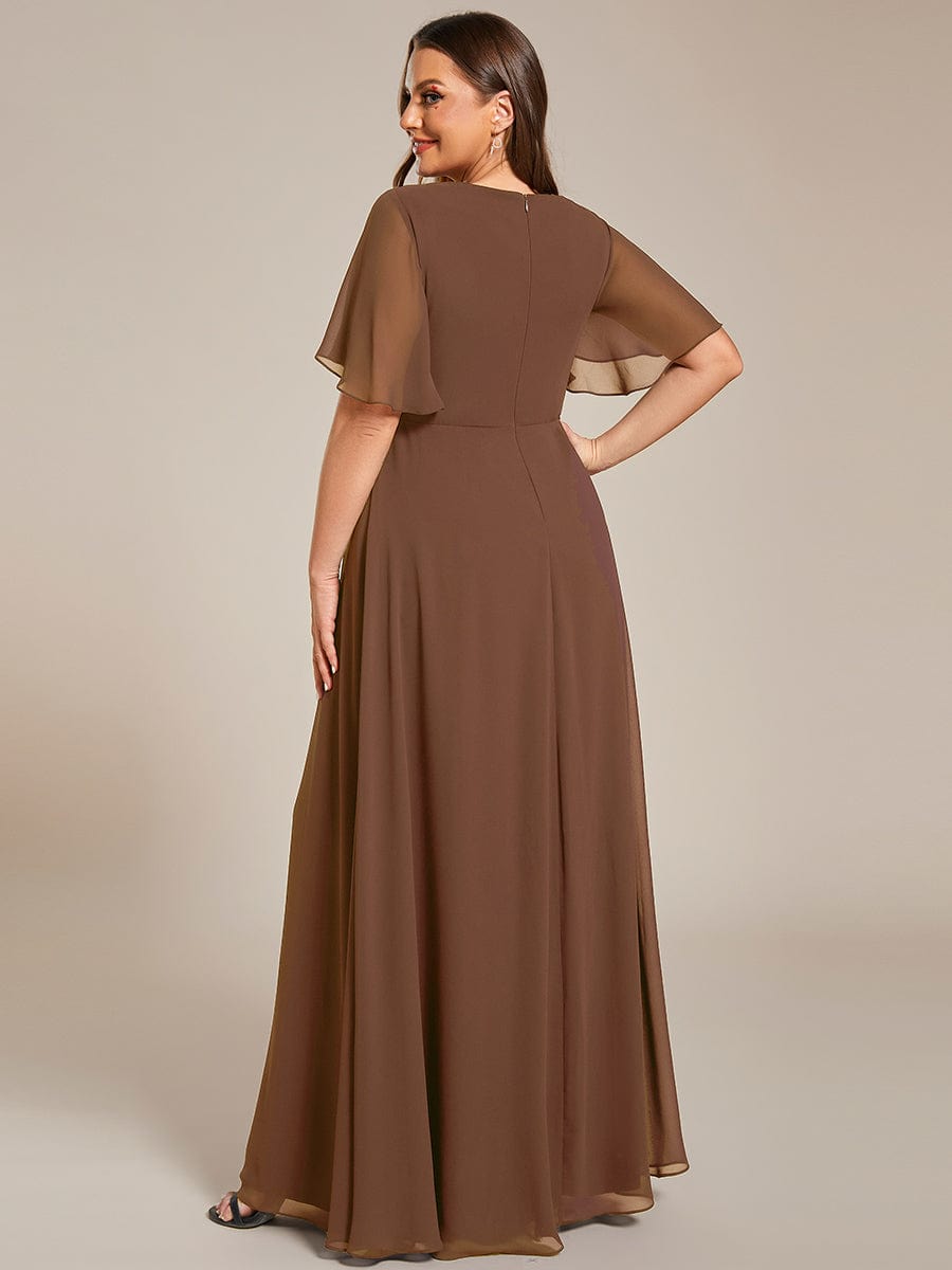 Plus Size Floral Applique Short Sleeve A-Line Chiffon Evening Dress #color_Brown