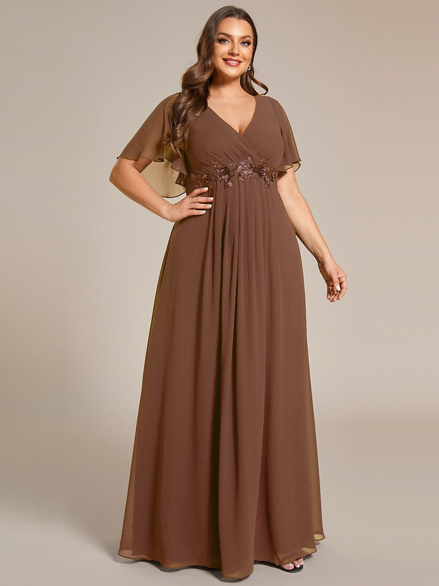 Ruffles Sleeve A-Line Chiffon Waist Applique Maxi Evening Dress #color_Brown