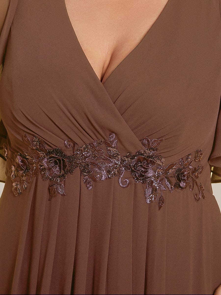 Ruffles Sleeve A-Line Chiffon Waist Applique Maxi Evening Dress #color_Brown