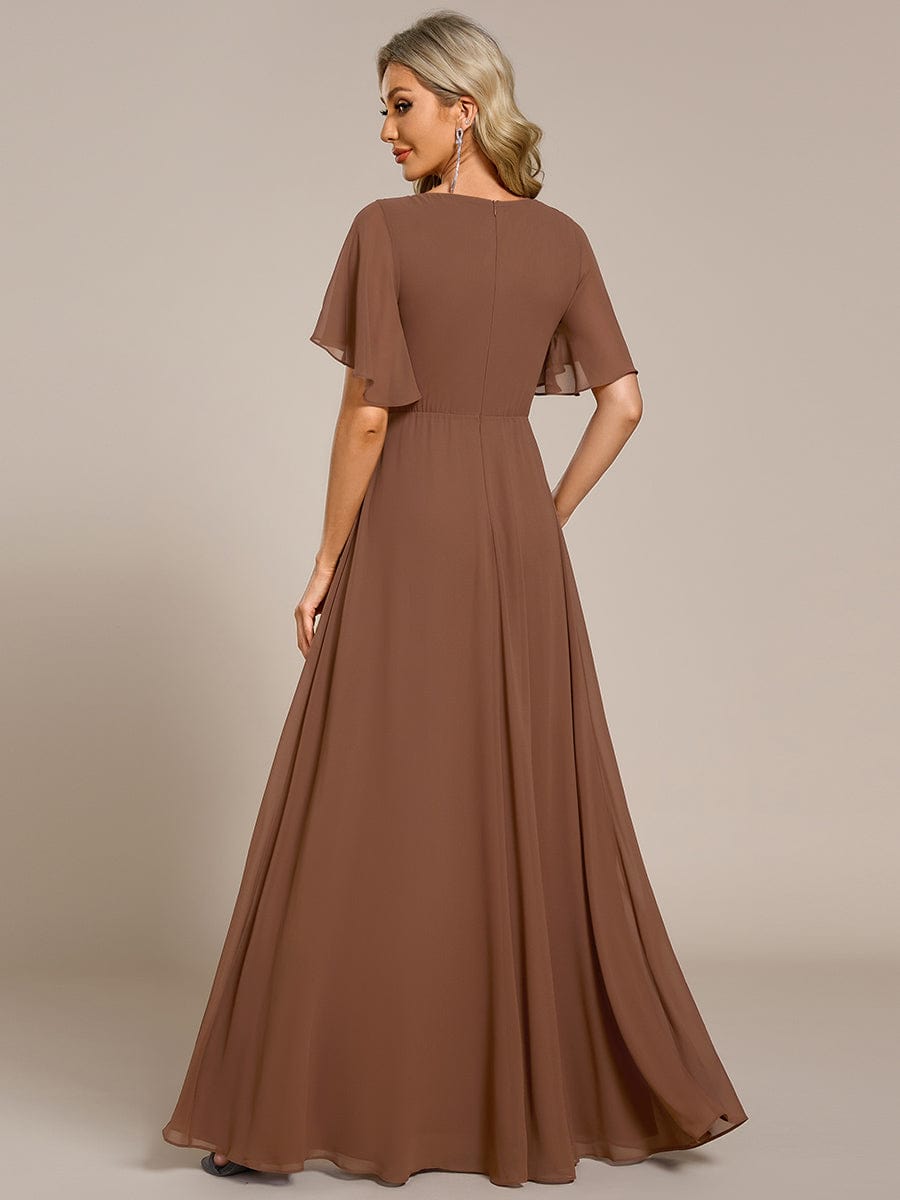 Ruffles Sleeve A-Line Chiffon Waist Applique Maxi Evening Dress #color_Brown