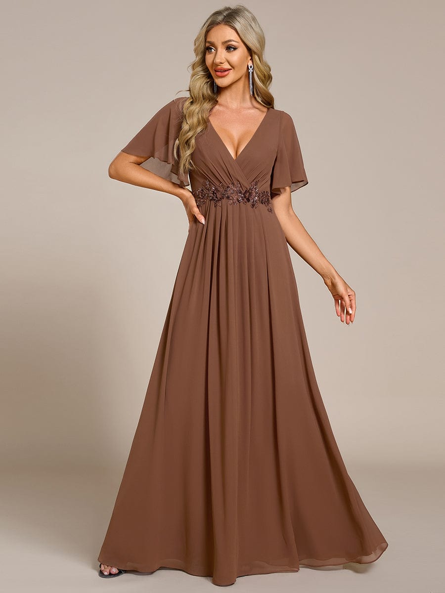 Ruffles Sleeve A-Line Chiffon Waist Applique Maxi Evening Dress #color_Brown