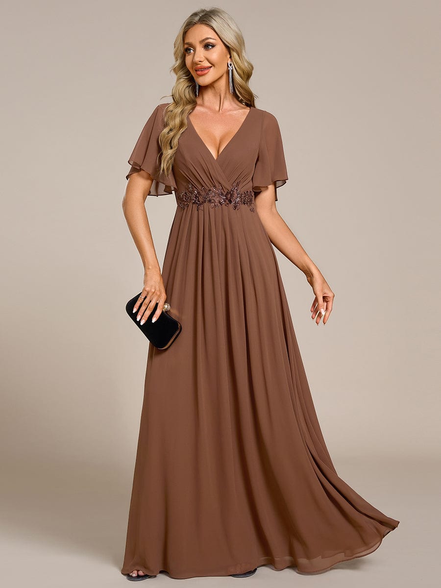 Ruffles Sleeve A-Line Chiffon Waist Applique Maxi Evening Dress #color_Brown