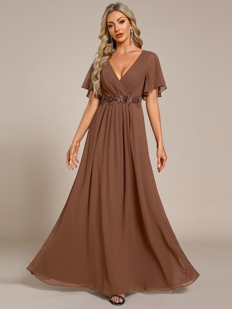 Ruffles Sleeve A-Line Chiffon Waist Applique Maxi Evening Dress #color_Brown