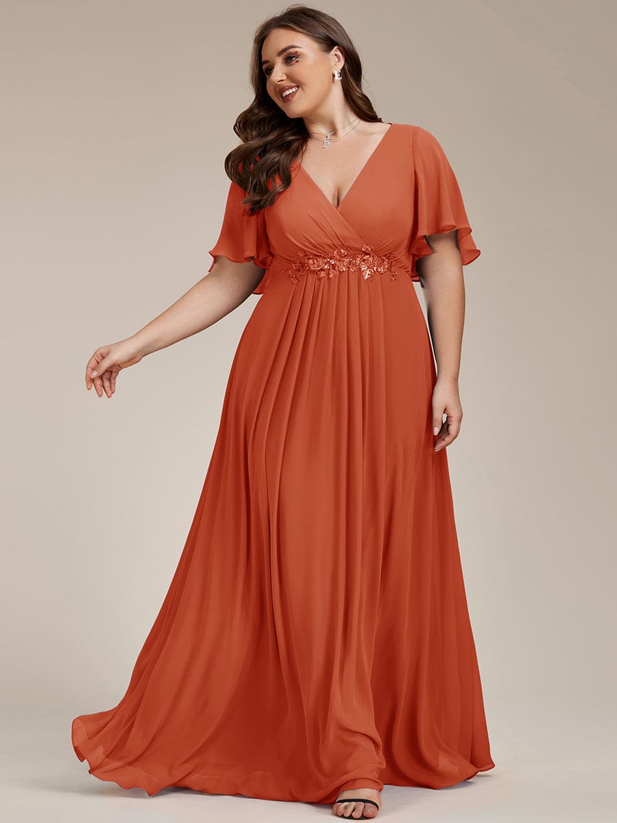 Plus Size Floral Applique Short Sleeve A-Line Chiffon Evening Dress #color_Burnt Orange