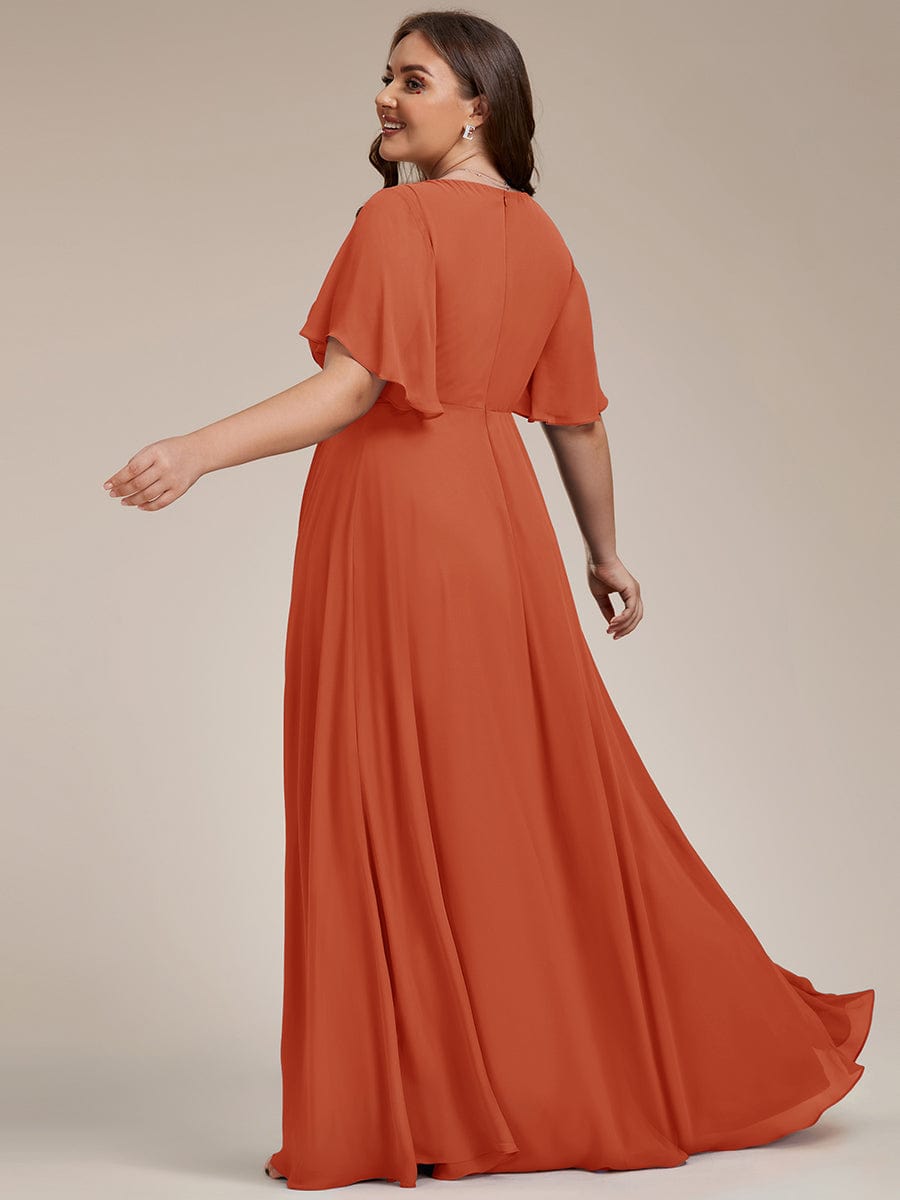 Plus Size Floral Applique Short Sleeve A-Line Chiffon Evening Dress #color_Burnt Orange