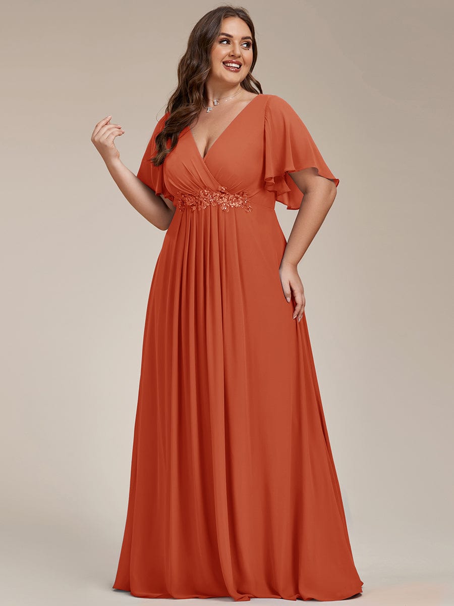 Ruffles Sleeve A-Line Chiffon Waist Applique Maxi Evening Dress #color_Burnt Orange