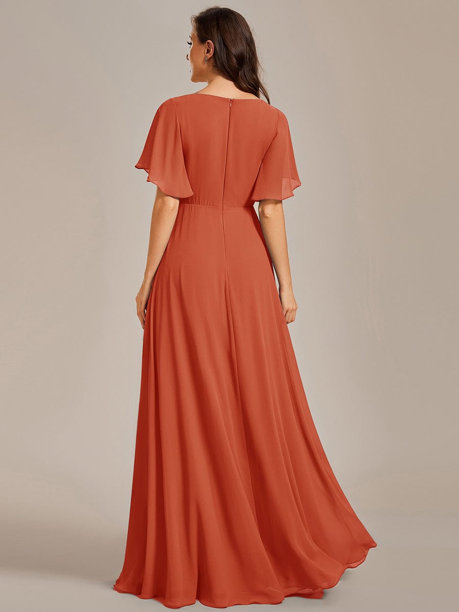 Ruffles Sleeve A-Line Chiffon Waist Applique Maxi Evening Dress #color_Burnt Orange