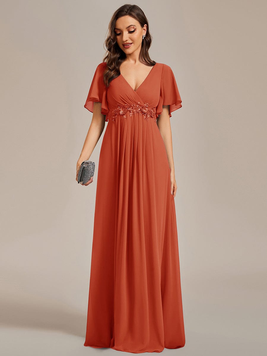 Ruffles Sleeve A-Line Chiffon Waist Applique Maxi Evening Dress #color_Burnt Orange