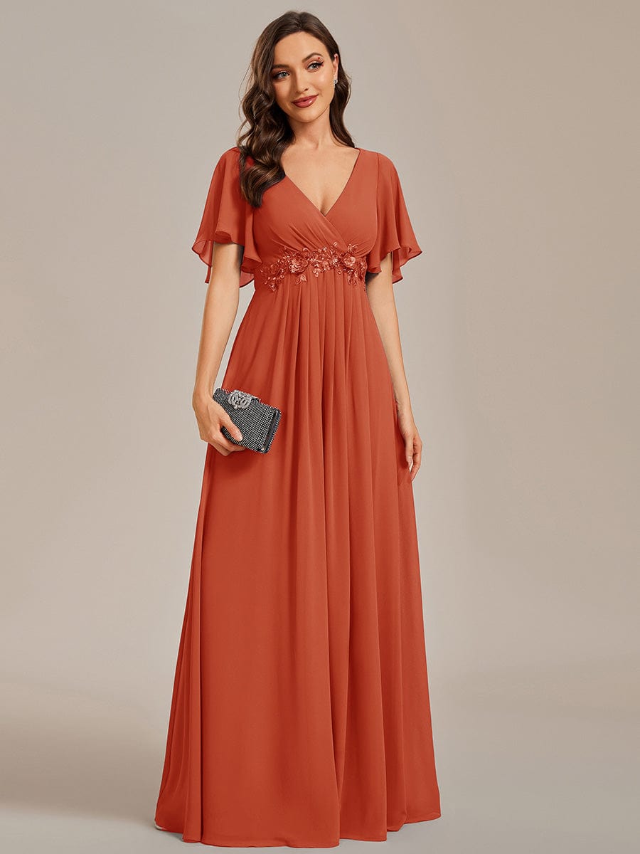 Ruffles Sleeve A-Line Chiffon Waist Applique Maxi Evening Dress #color_Burnt Orange