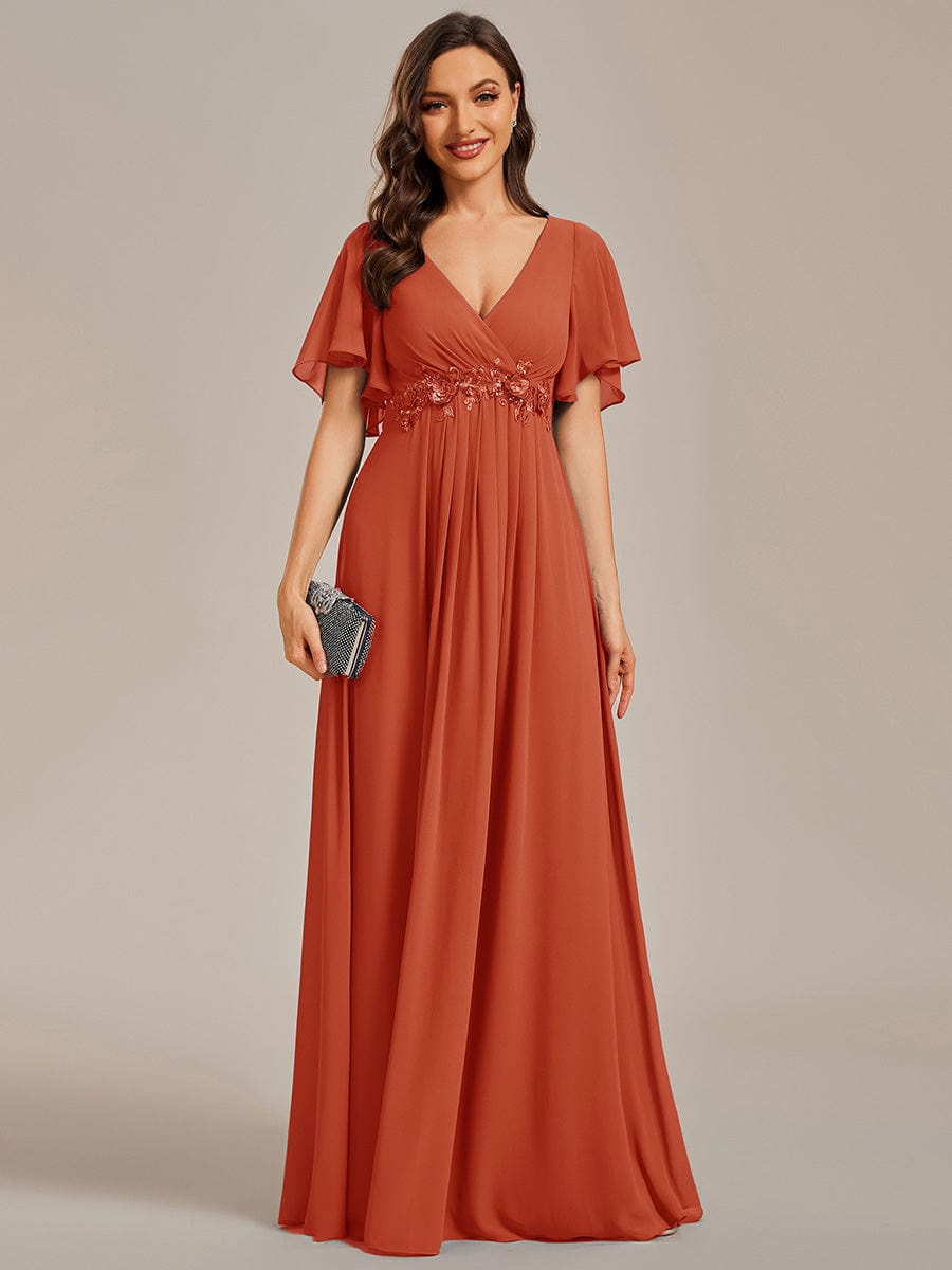 Ruffles Sleeve A-Line Chiffon Waist Applique Maxi Evening Dress #color_Burnt Orange