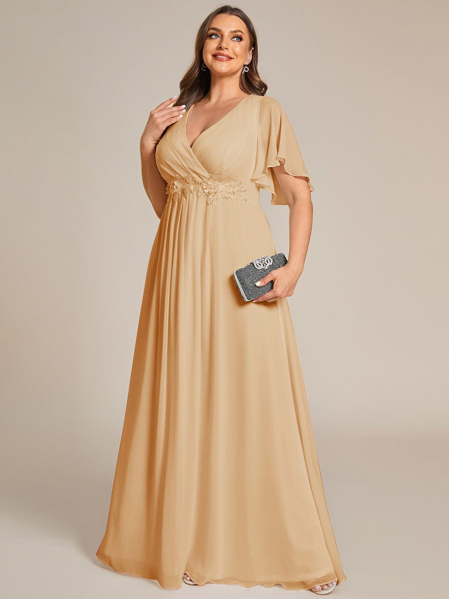 Ruffles Sleeve A-Line Chiffon Waist Applique Maxi Evening Dress #color_Champagne