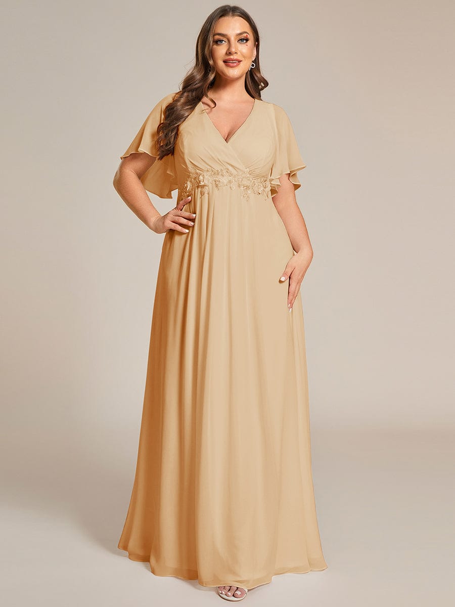 Plus Size Floral Applique Short Sleeve A-Line Chiffon Evening Dress #color_Champagne