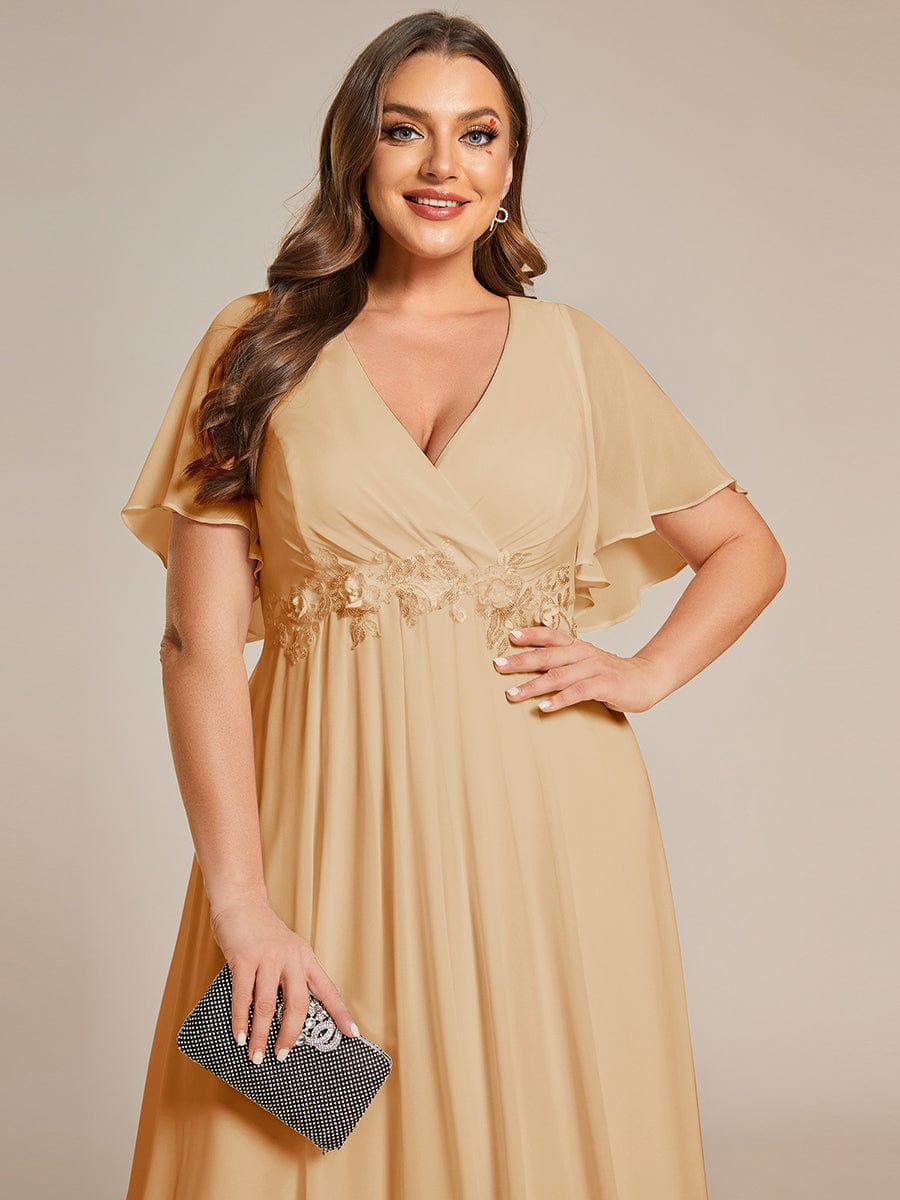 Plus Size Floral Applique Short Sleeve A-Line Chiffon Evening Dress #color_Champagne