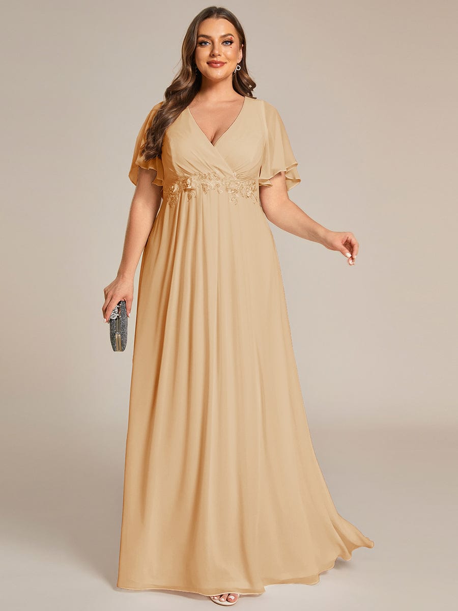 Ruffles Sleeve A-Line Chiffon Waist Applique Maxi Evening Dress #color_Champagne