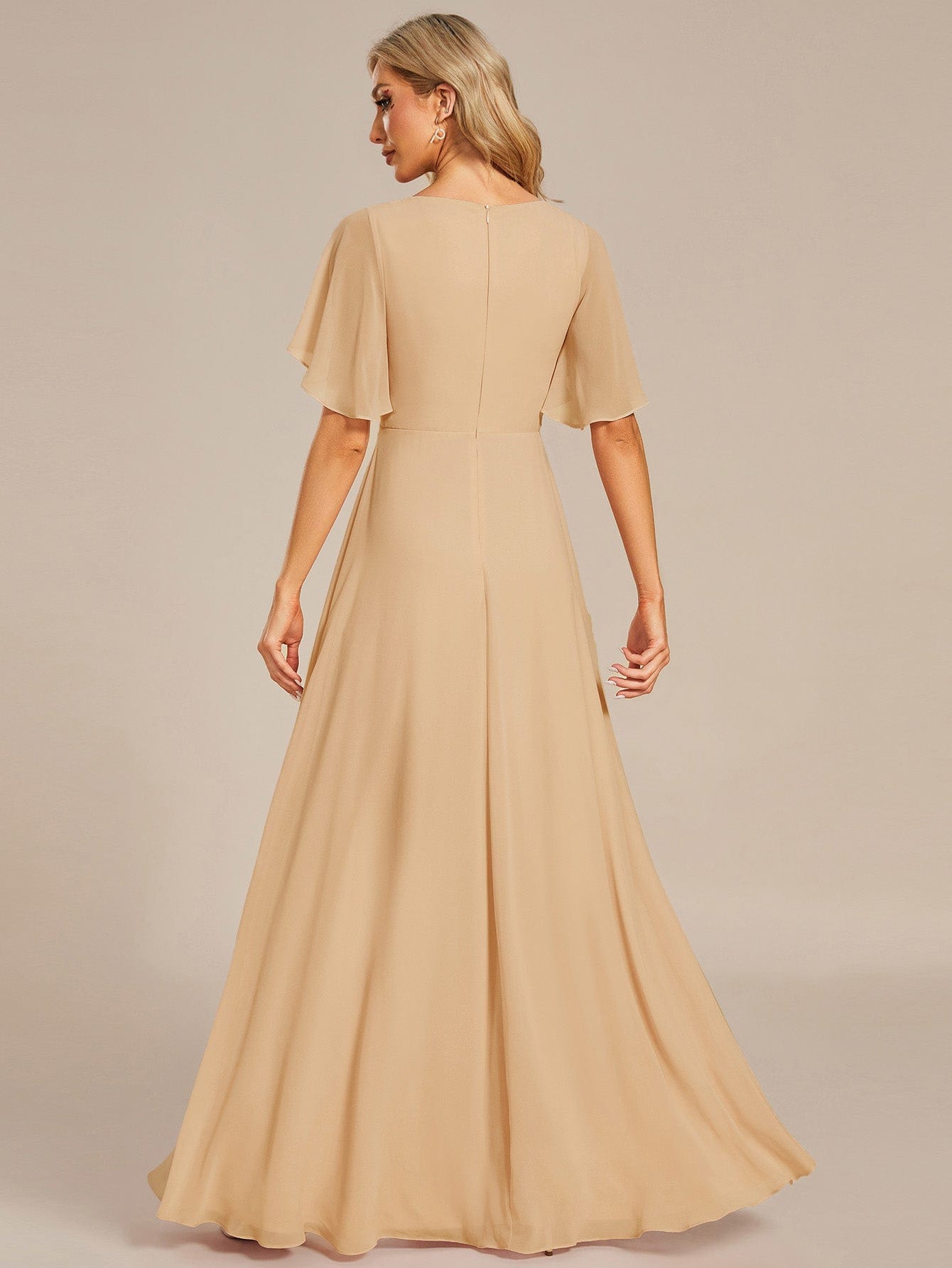 Ruffles Sleeve A-Line Chiffon Waist Applique Maxi Evening Dress #color_Champagne