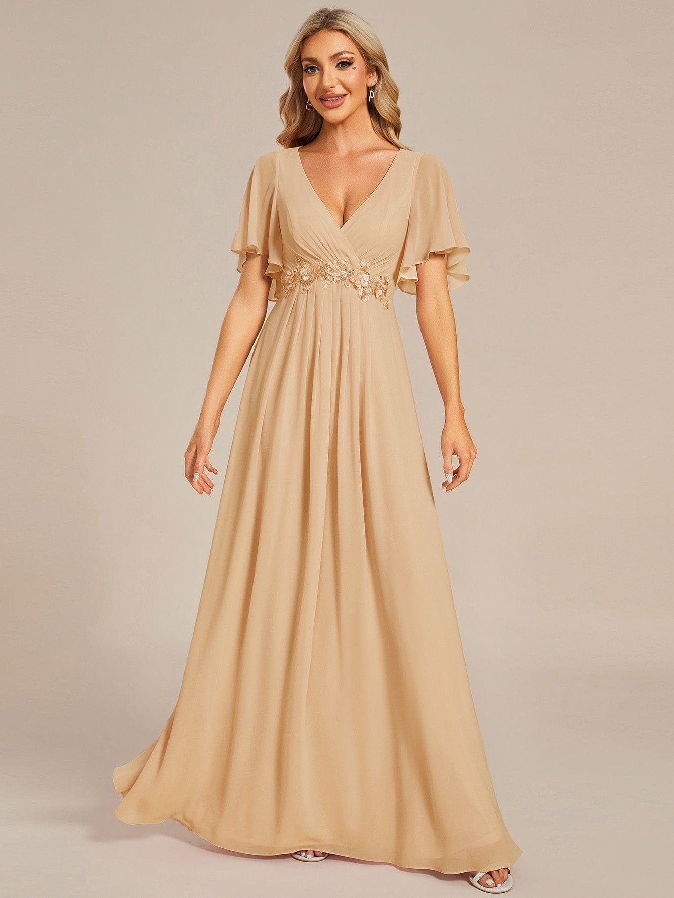 Ruffles Sleeve A-Line Chiffon Waist Applique Maxi Evening Dress #color_Champagne