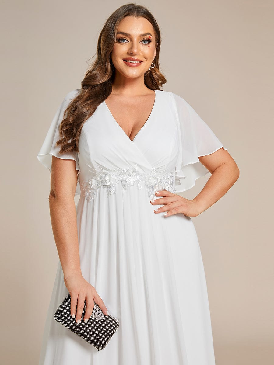 Plus Size Floral Applique Short Sleeve A-Line Chiffon Evening Dress #color_Cream