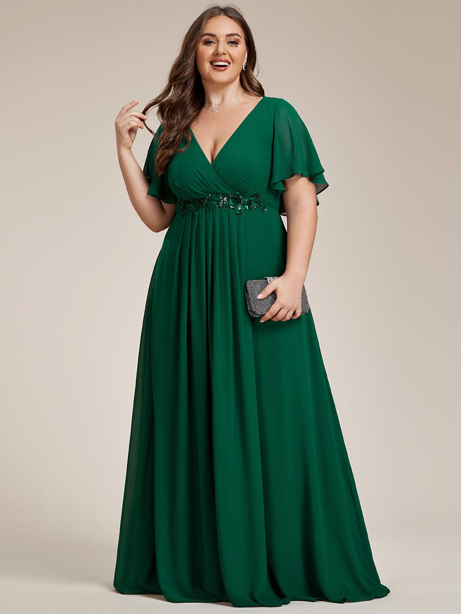 Custom Size Ruffles Sleeve A-Line Chiffon Waist Applique Maxi Evening Dress #color_Dark Green