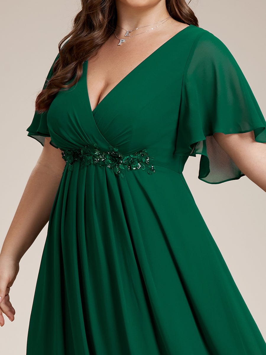 Custom Size Ruffles Sleeve A-Line Chiffon Waist Applique Maxi Evening Dress #color_Dark Green