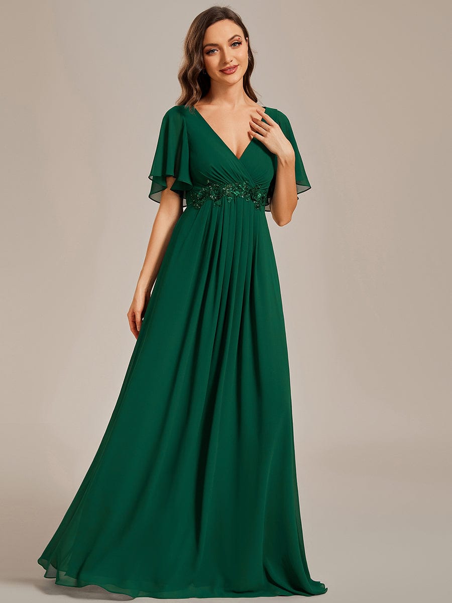 Custom Size Ruffles Sleeve A-Line Chiffon Waist Applique Maxi Evening Dress #color_Dark Green