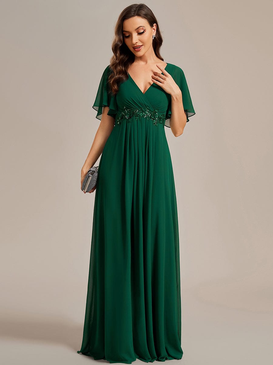 Custom Size Ruffles Sleeve A-Line Chiffon Waist Applique Maxi Evening Dress #color_Dark Green