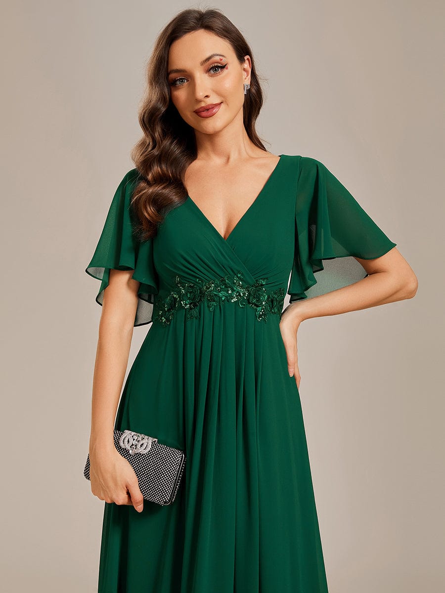 Custom Size Ruffles Sleeve A-Line Chiffon Waist Applique Maxi Evening Dress #color_Dark Green