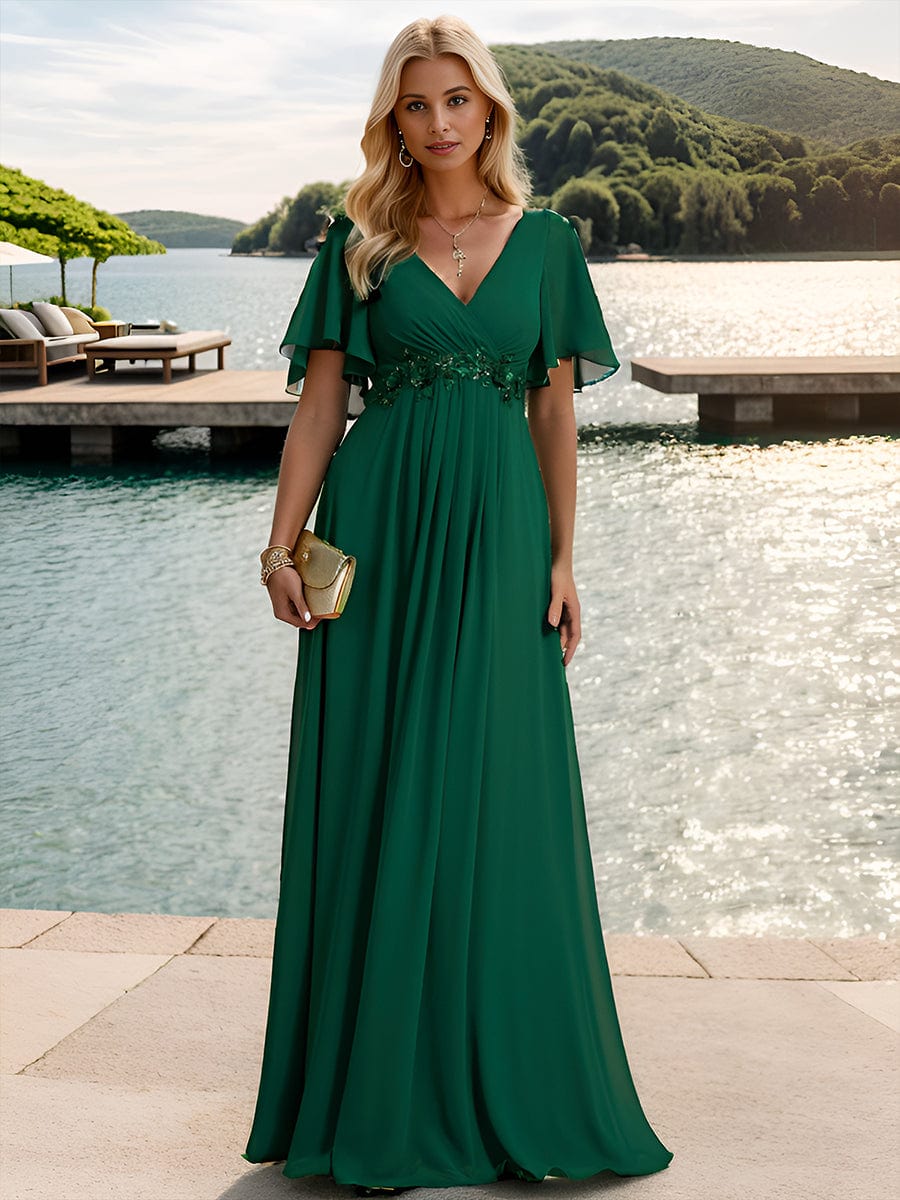 Custom Size Ruffles Sleeve A-Line Chiffon Waist Applique Maxi Evening Dress #color_Dark Green